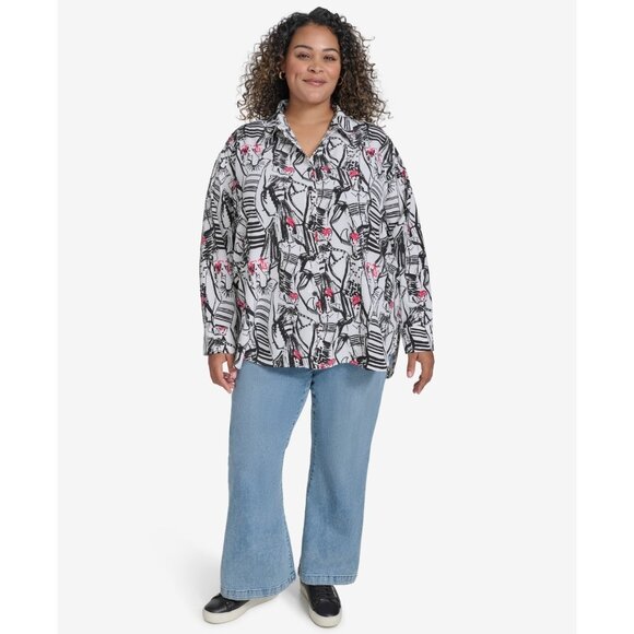 KARL LAGERFELD Plus Size 2X Printed Collared Button Shirt White SALE $99 - Picture 3 of 6